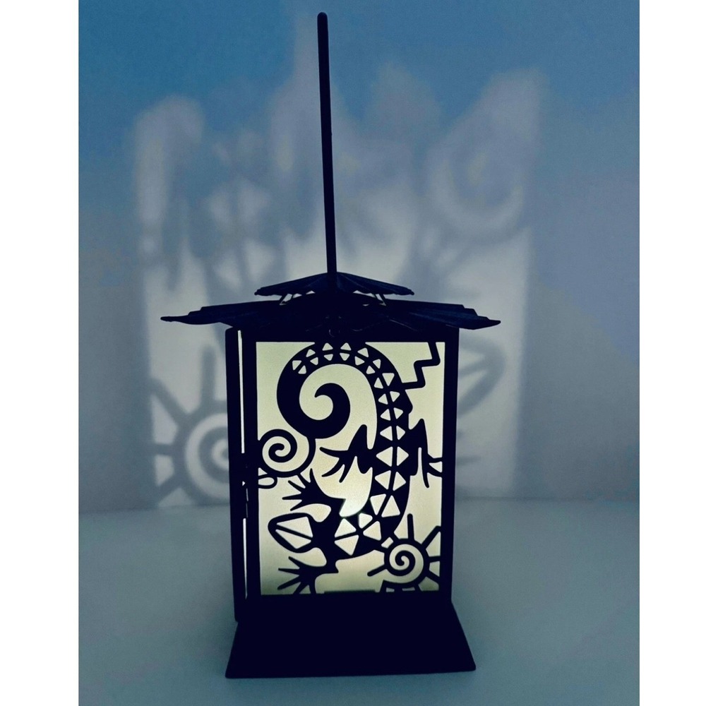 PartyLite Kokopelli Gecko Teal Metal Lantern Southwestern Candle Holder Vintage - Picture 5 of 12